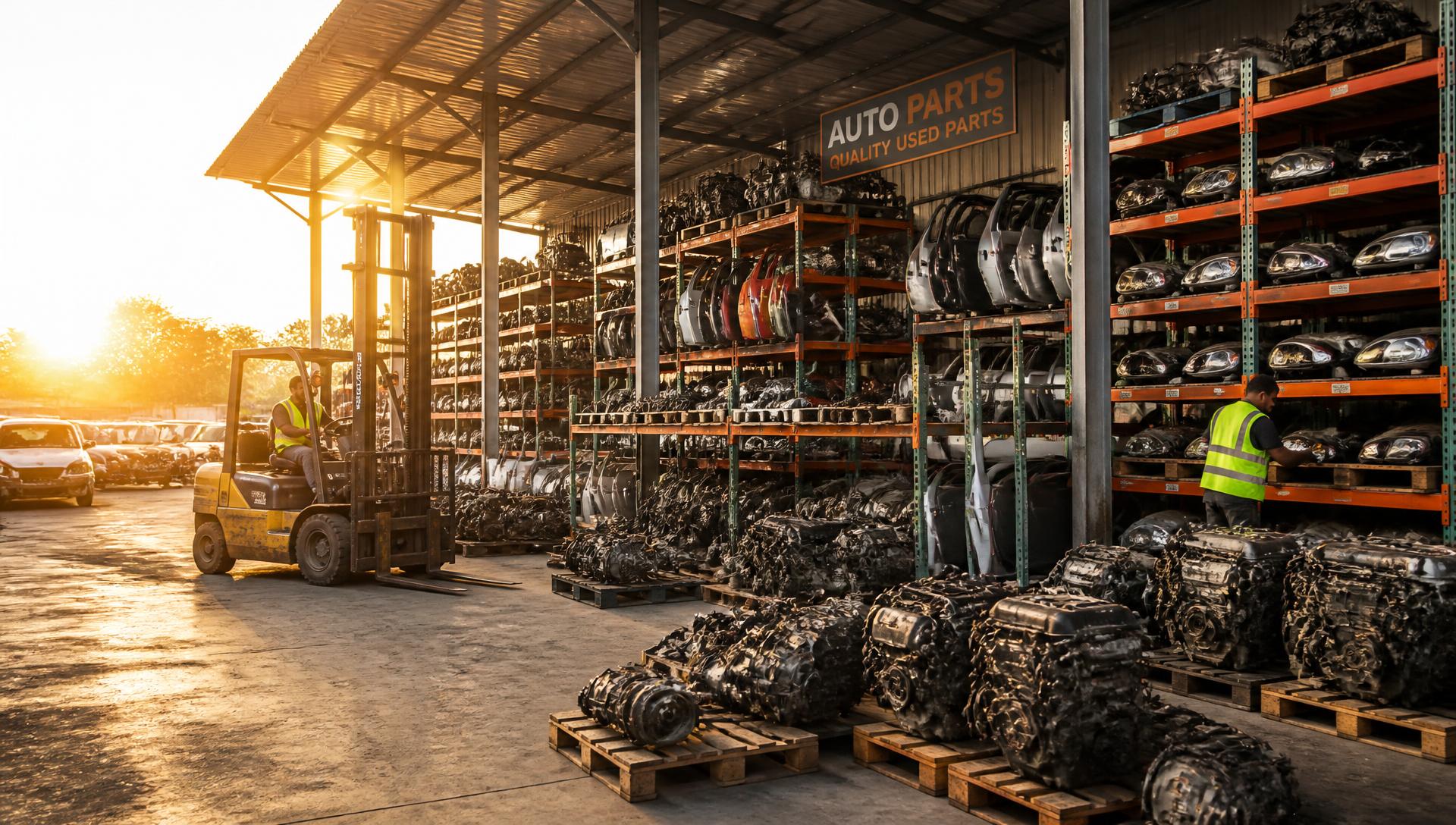 Organized racks of used car parts inside the Auto Salvage Depot yard in Houston